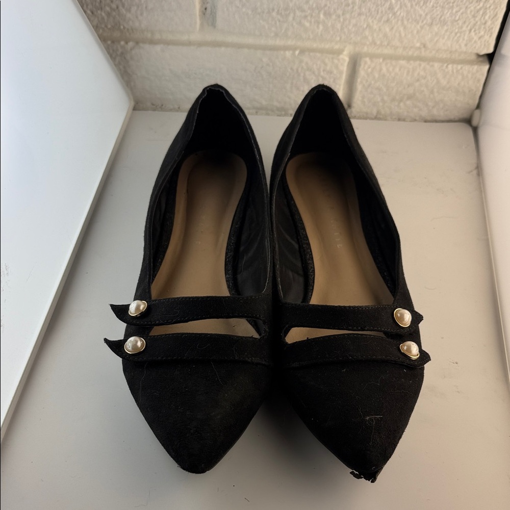 Kelly & Katie Black Flats with Pearl Accents